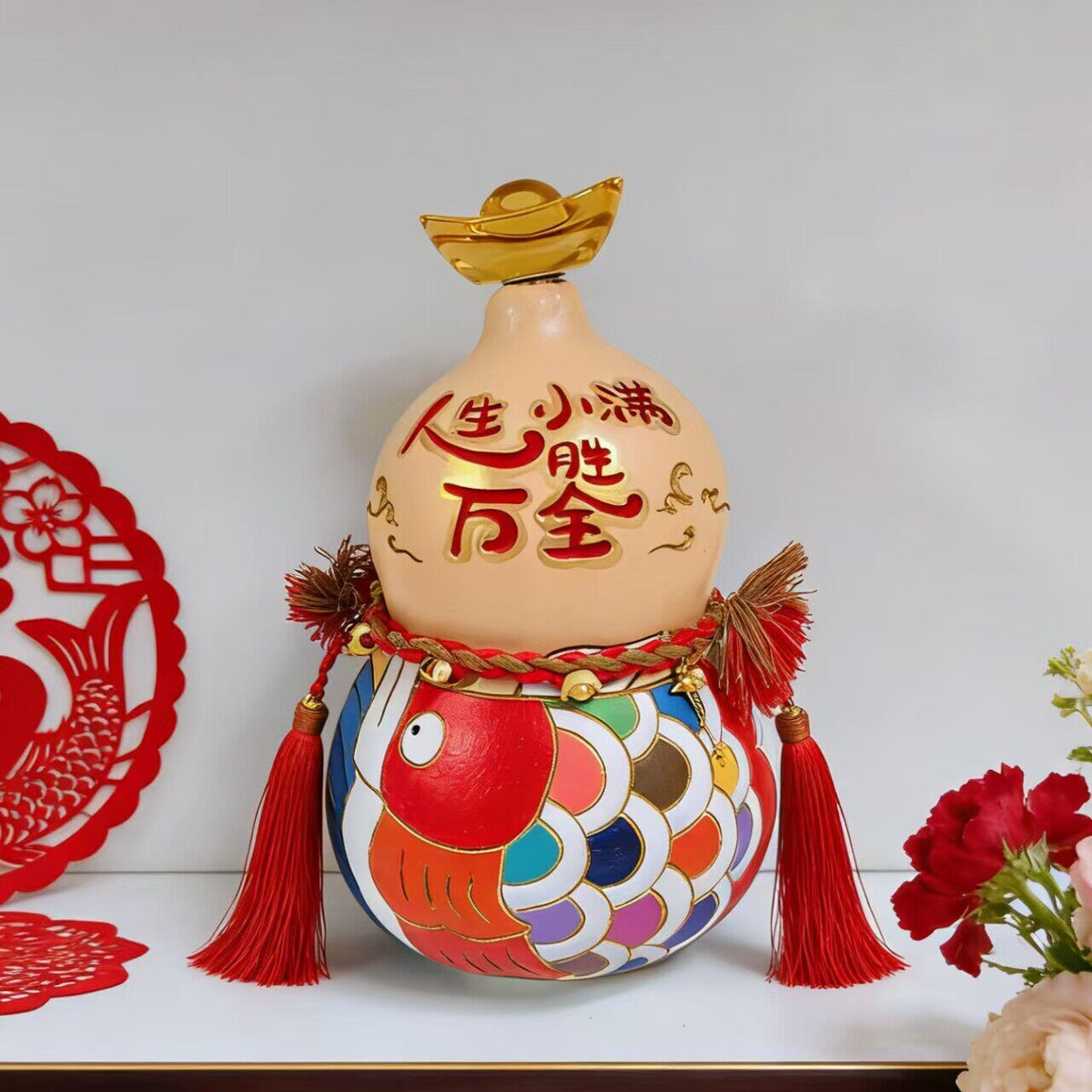 Hand-Carved Gourd Ornament with Pyrography Design