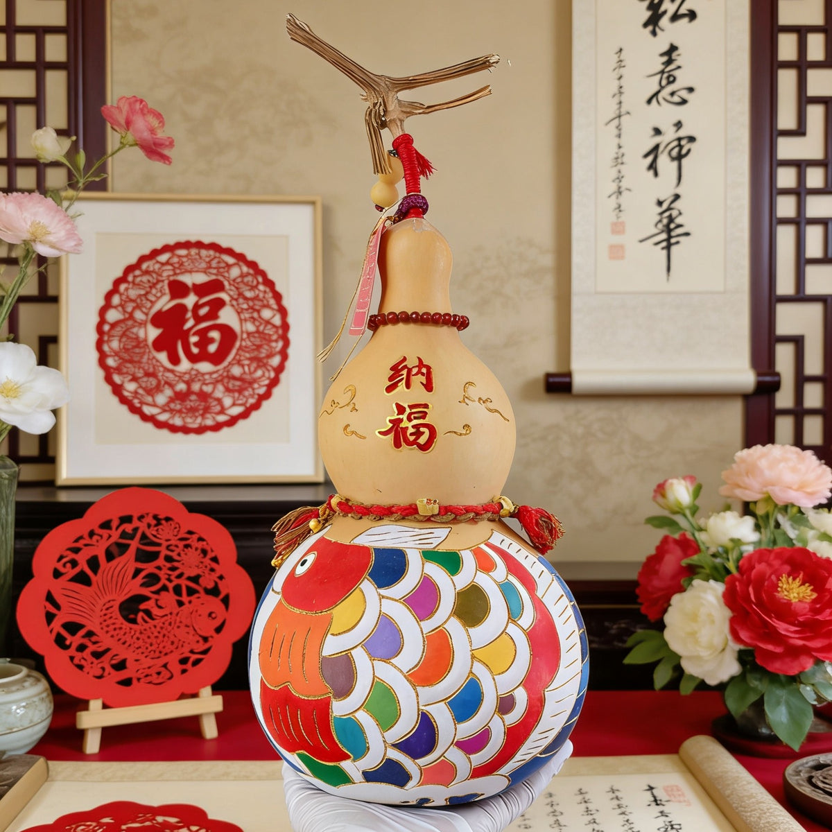 Hand-Carved Gourd Ornament with Pyrography Design