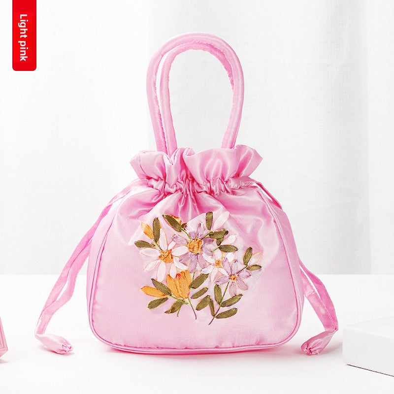 Hand-Embroidered Drawstring Bucket Bag
