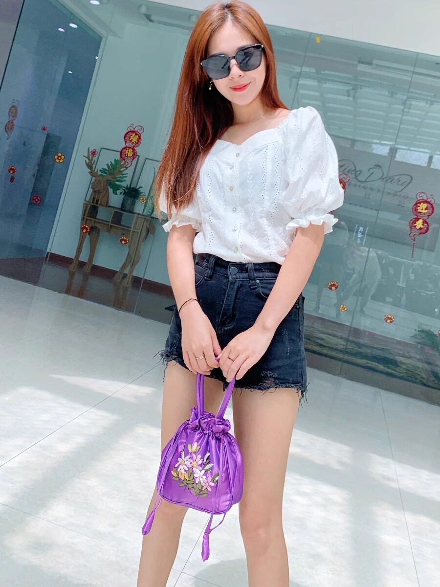 Hand-Embroidered Drawstring Bucket Bag