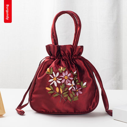 Hand-Embroidered Drawstring Bucket Bag
