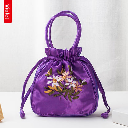 Hand-Embroidered Drawstring Bucket Bag