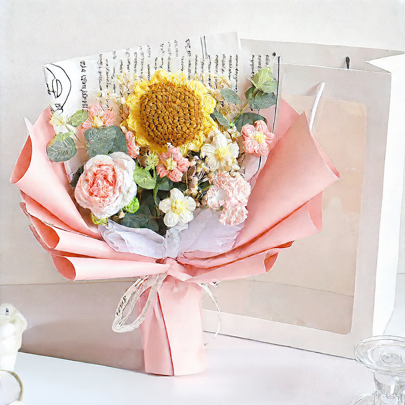 Hand-knitted flower bouquets made of wool