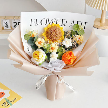 Hand-knitted flower bouquets made of wool