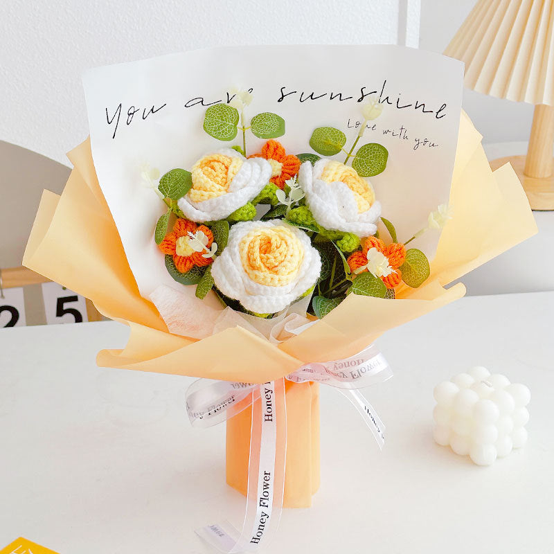 Hand-knitted flower bouquets made of wool