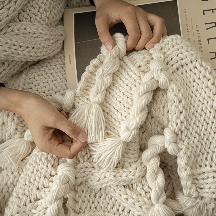 Hand Knitted Nordic Tassel Blanket