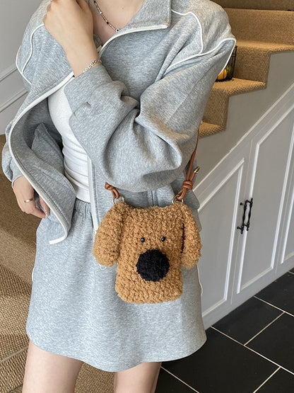 Hand Knitted Plush Dog Coin Purse Crossbody Bag for Kids