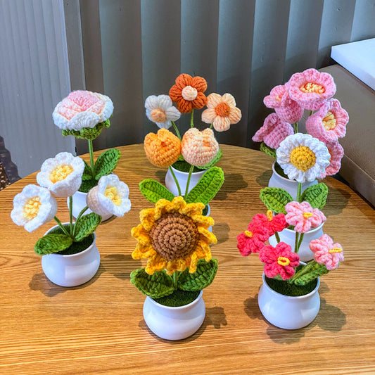 Hand-Knitted Simulated Flower Potted Home Decor