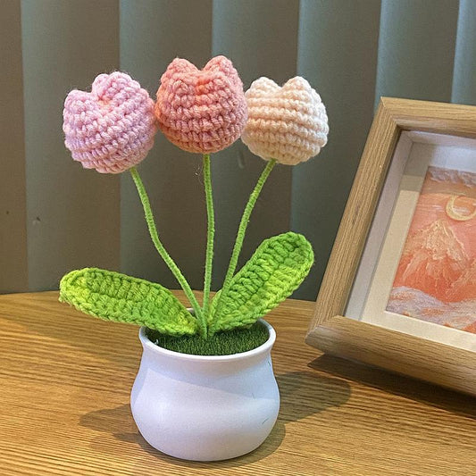 Hand-Knitted Simulated Flower Potted Home Decor
