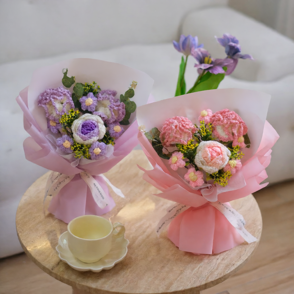 Hand Knitted Wool Flower Bouquet with Gift Bag