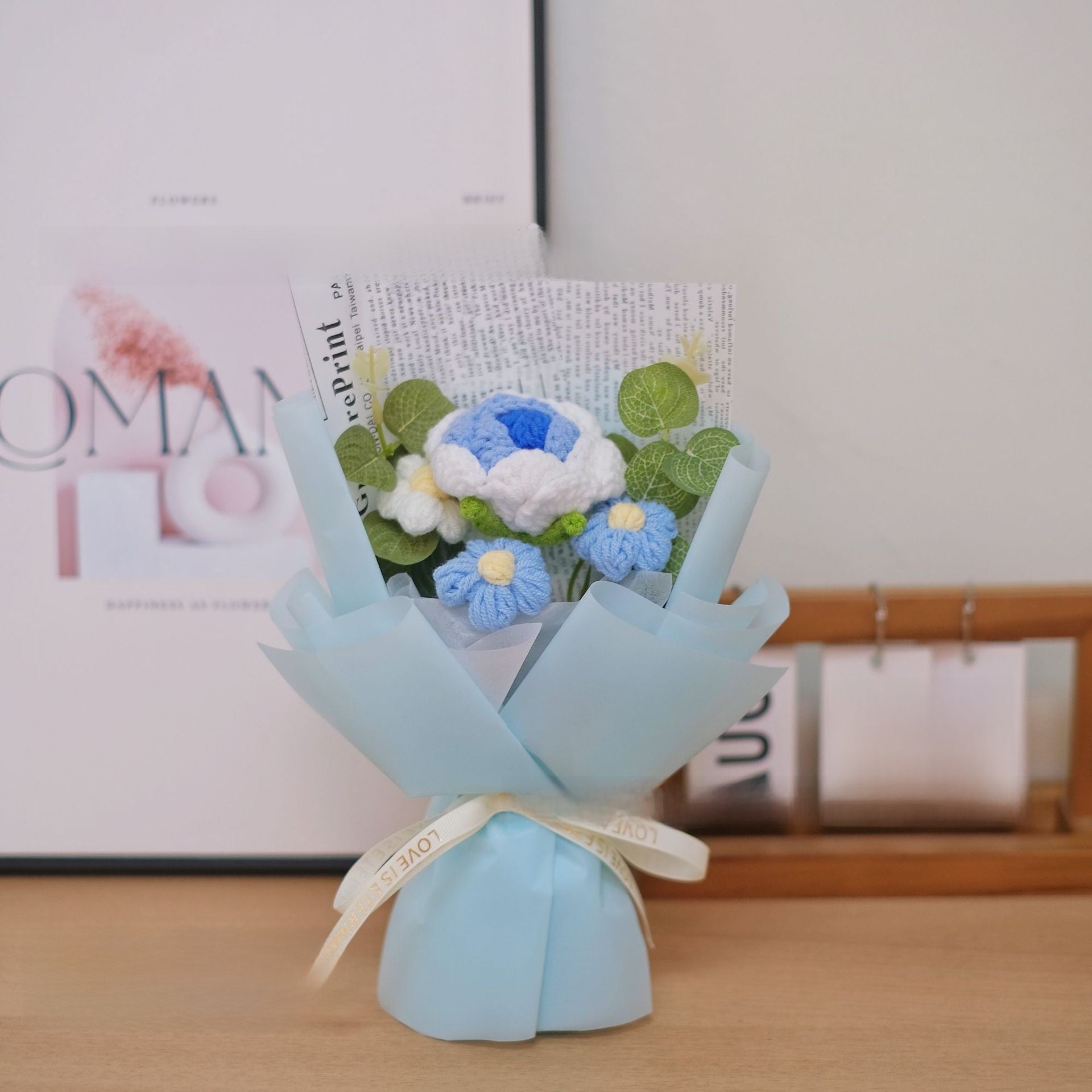 Hand Knitted Wool Flower Bouquet with Gift Bag