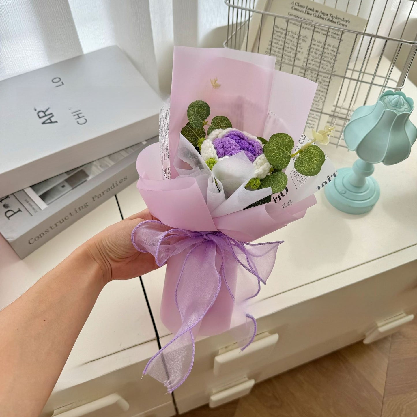 Hand Knitted Wool Flower Bouquet with Gift Bag