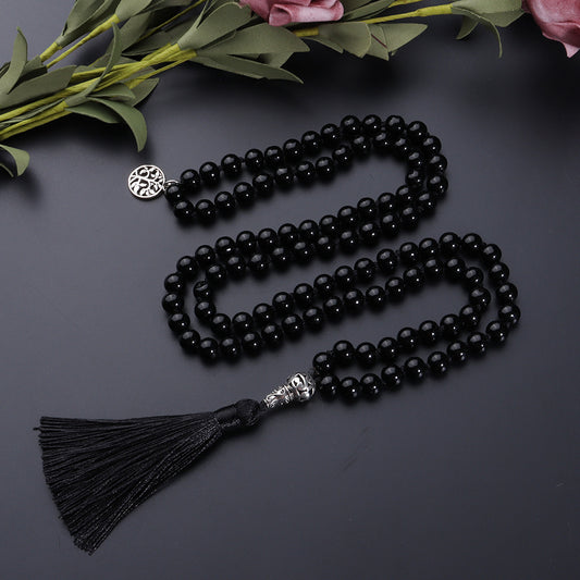 Hand-Knotted Black Agate Rosary Necklace