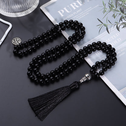 Hand-Knotted Black Agate Rosary Necklace