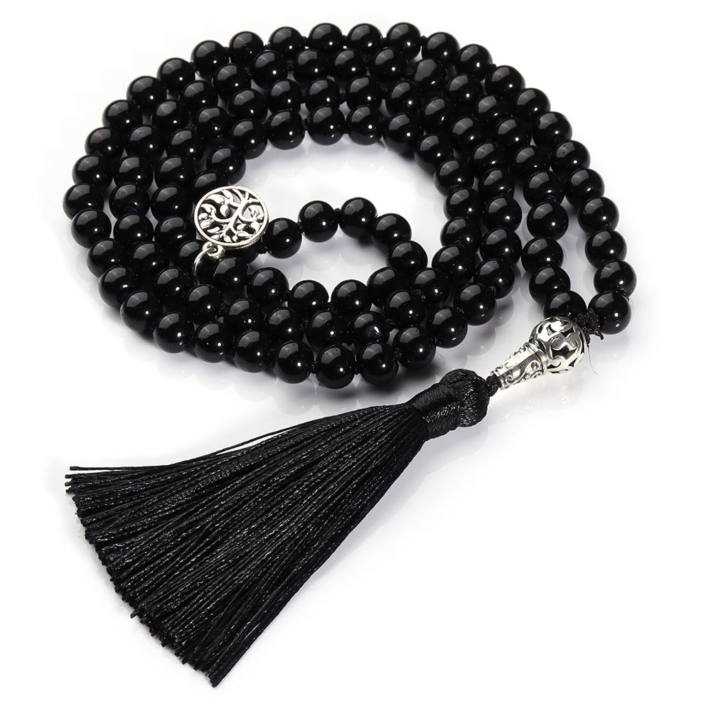 Hand-Knotted Black Agate Rosary Necklace