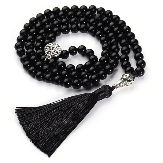 Hand-Knotted Black Agate Rosary Necklace