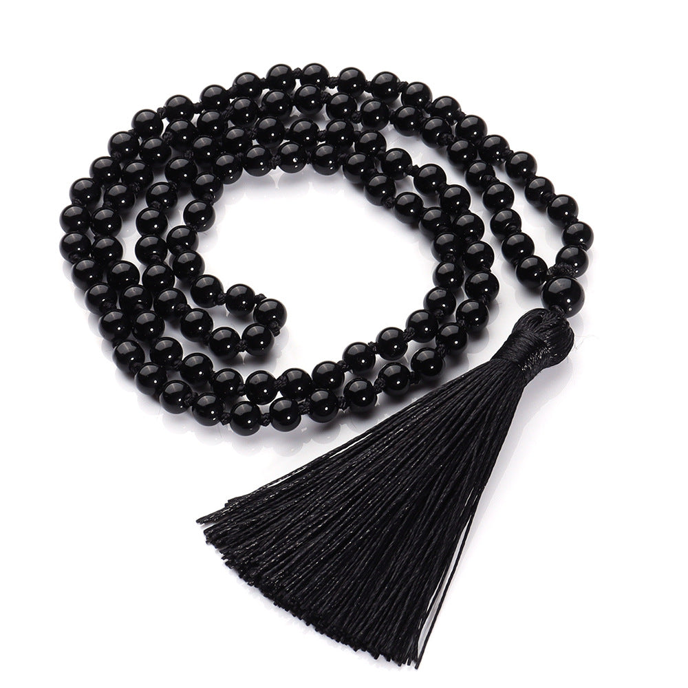 Hand-Knotted Black Agate Rosary Necklace