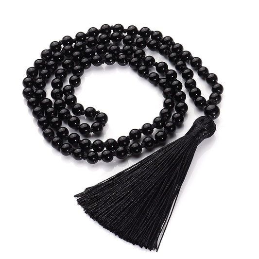 Hand-Knotted Black Agate Rosary Necklace