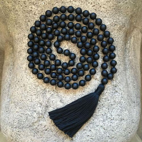Hand-Knotted Black Agate Rosary Necklace