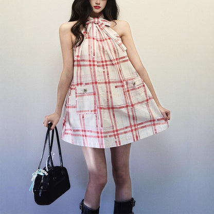 Hand-painted red checkered halter dress
