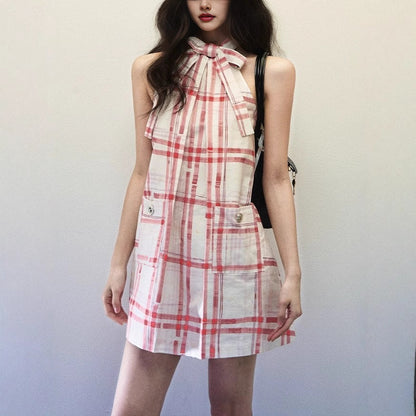 Hand-painted red checkered halter dress