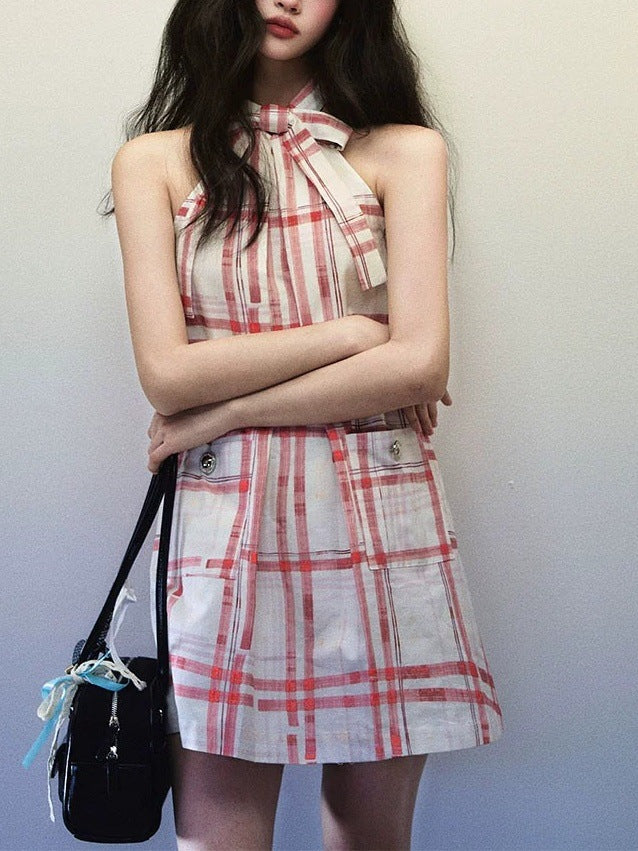 Hand-painted red checkered halter dress