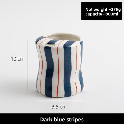Hand-Painted Striped Ceramic Mug with Straw