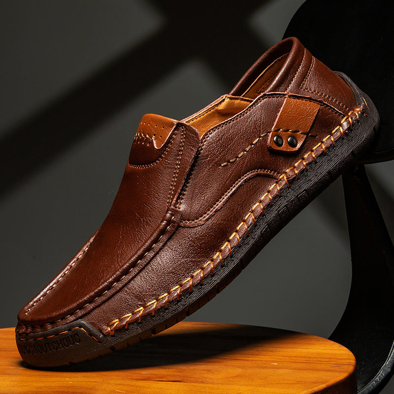 Hand-stitched Men's Loafers Slip-on Flat Leather Shoes Outdoor Casual Plus Size