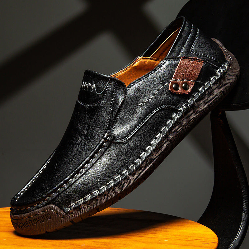 Hand-stitched Men's Loafers Slip-on Flat Leather Shoes Outdoor Casual Plus Size