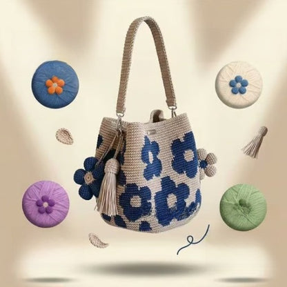 Hand-Woven Cotton Flower Bucket Bag with Detachable Tassel