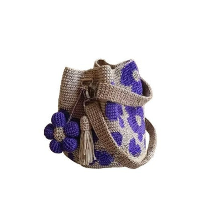 Hand-Woven Cotton Flower Bucket Bag with Detachable Tassel