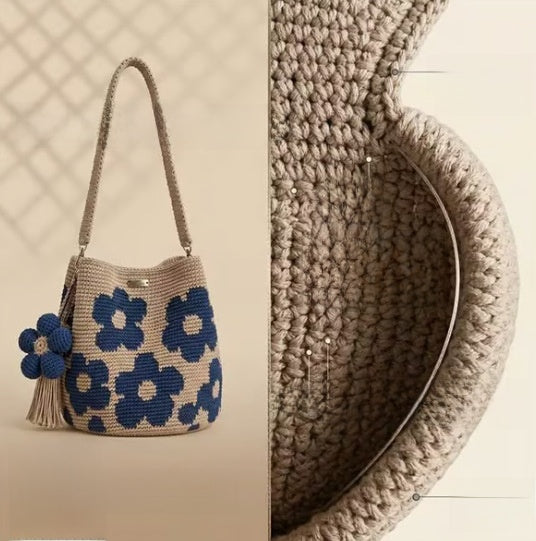 Hand-Woven Cotton Flower Bucket Bag with Detachable Tassel