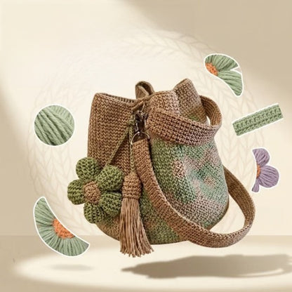 Hand-Woven Cotton Flower Bucket Bag with Detachable Tassel