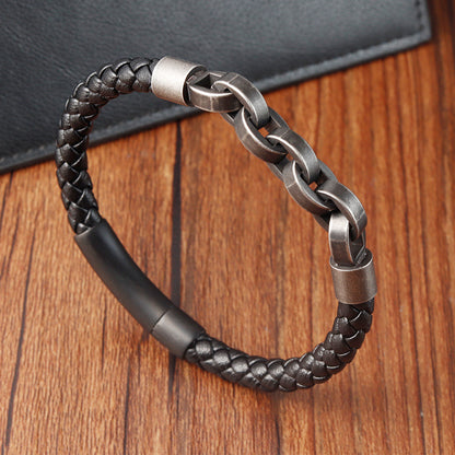 Hand-Woven Genuine Leather Bracelet with Stainless Steel Clasp