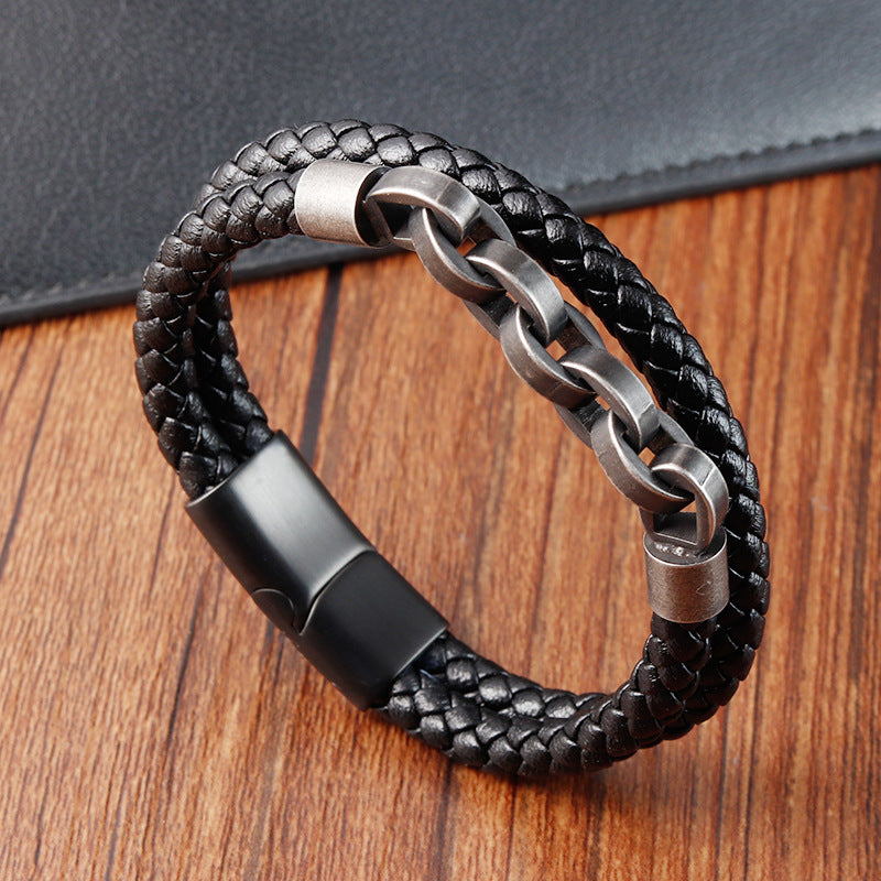 Hand-Woven Genuine Leather Bracelet with Stainless Steel Clasp