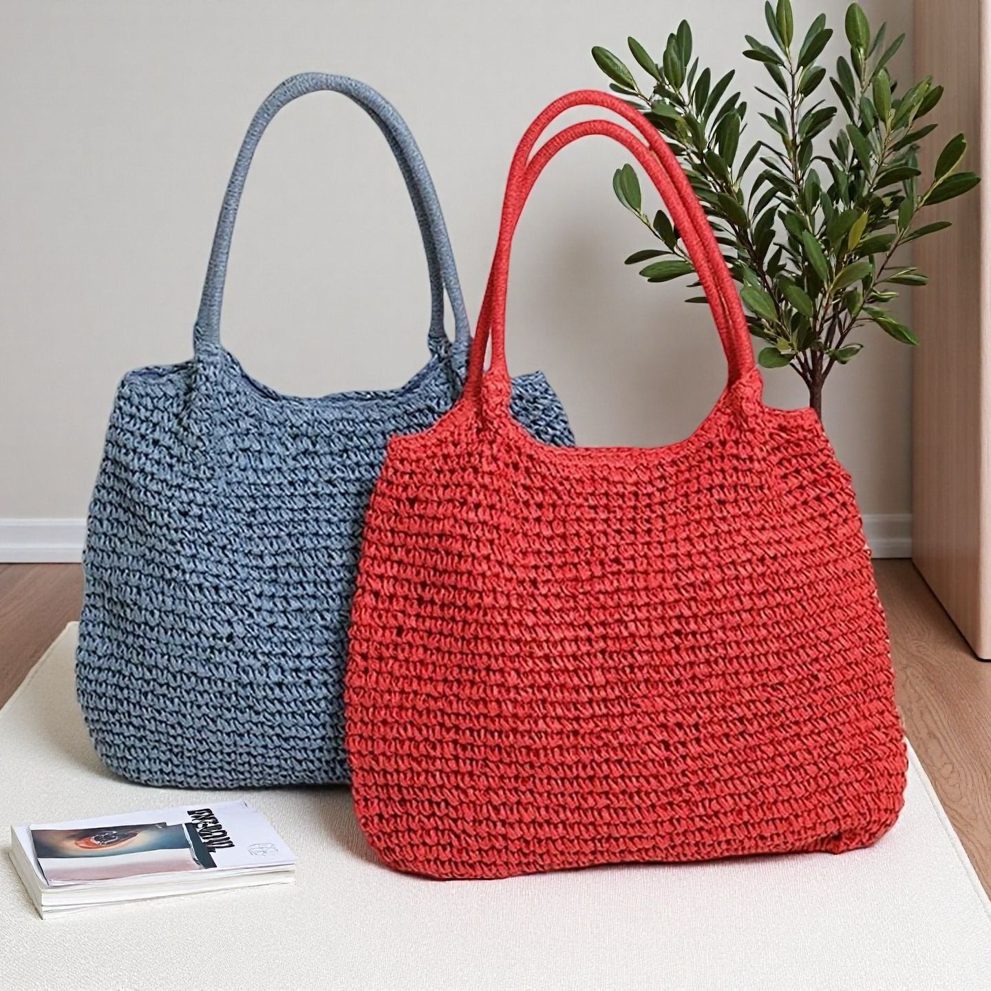 Hand-Woven Straw Tote Bag with Shoulder Strap