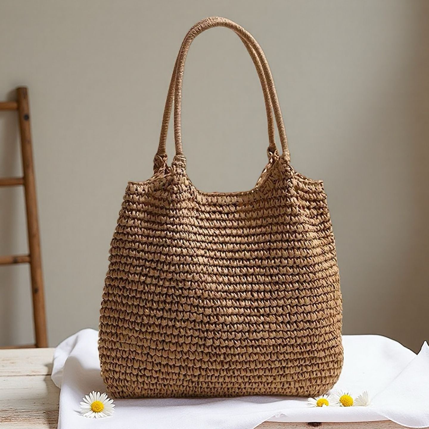 Hand-Woven Straw Tote Bag with Shoulder Strap