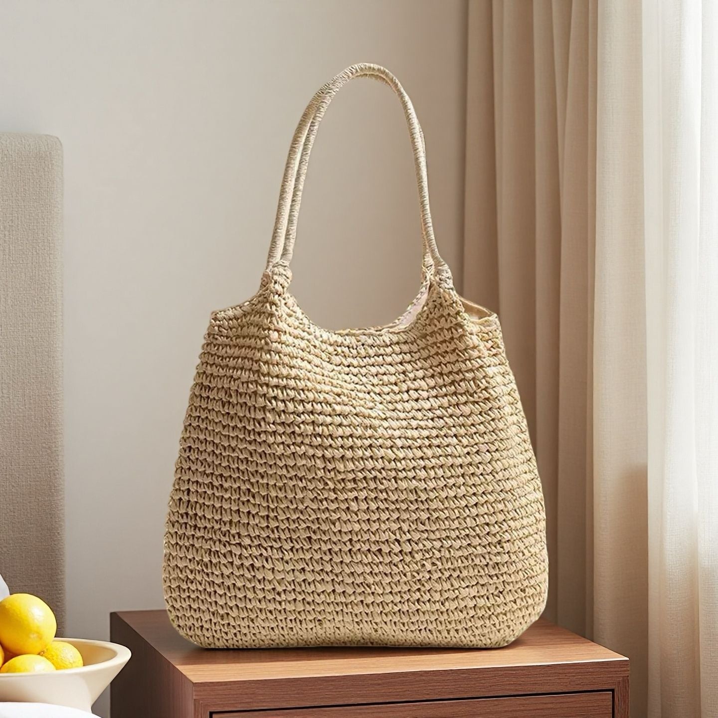 Hand-Woven Straw Tote Bag with Shoulder Strap