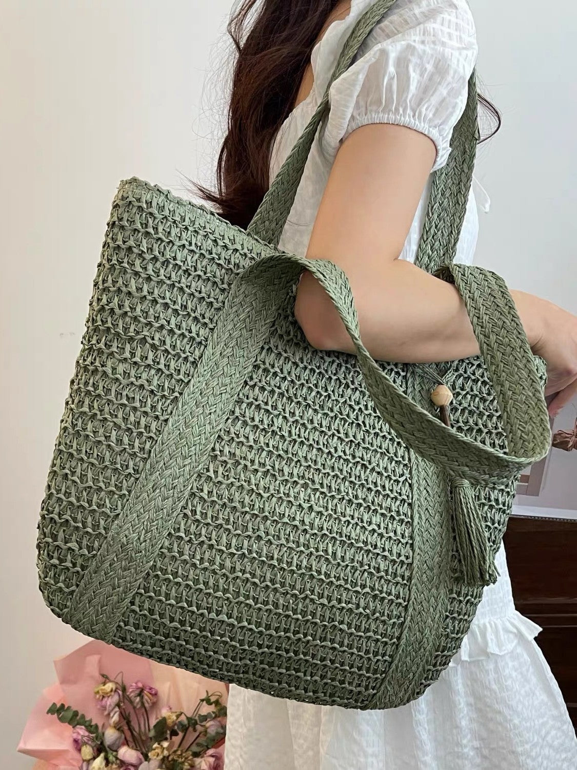 Hand-Woven Straw Tote Bag with Tassel