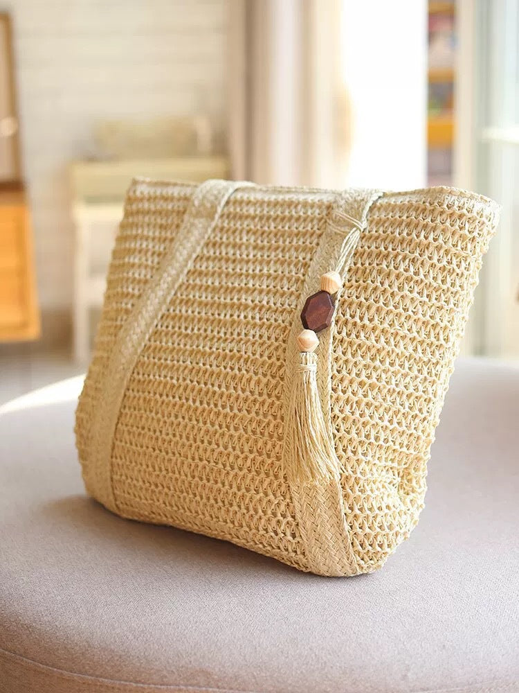 Hand-Woven Straw Tote Bag with Tassel