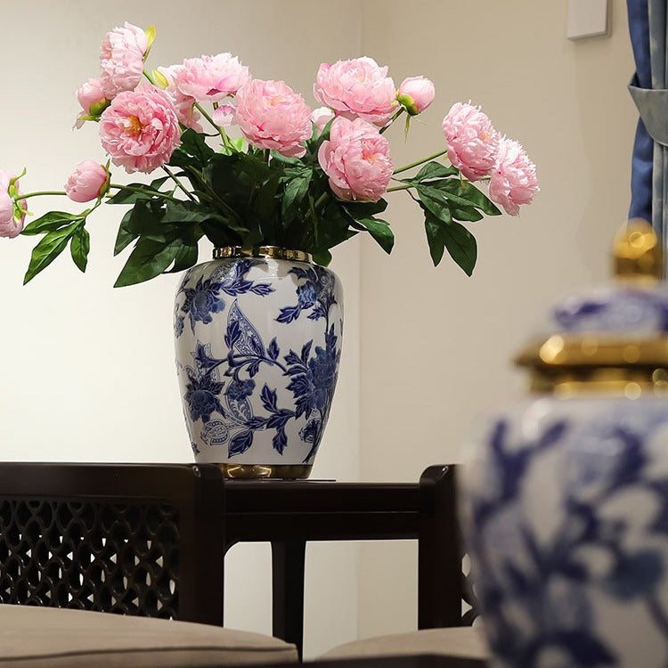 Handmade Blue White Porcelain Peony Vase