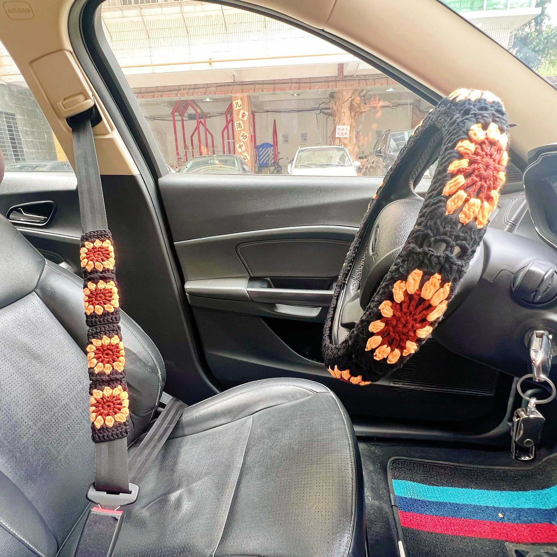 Handmade Crochet Car Steering Wheel and Seat Belt Cover Set
