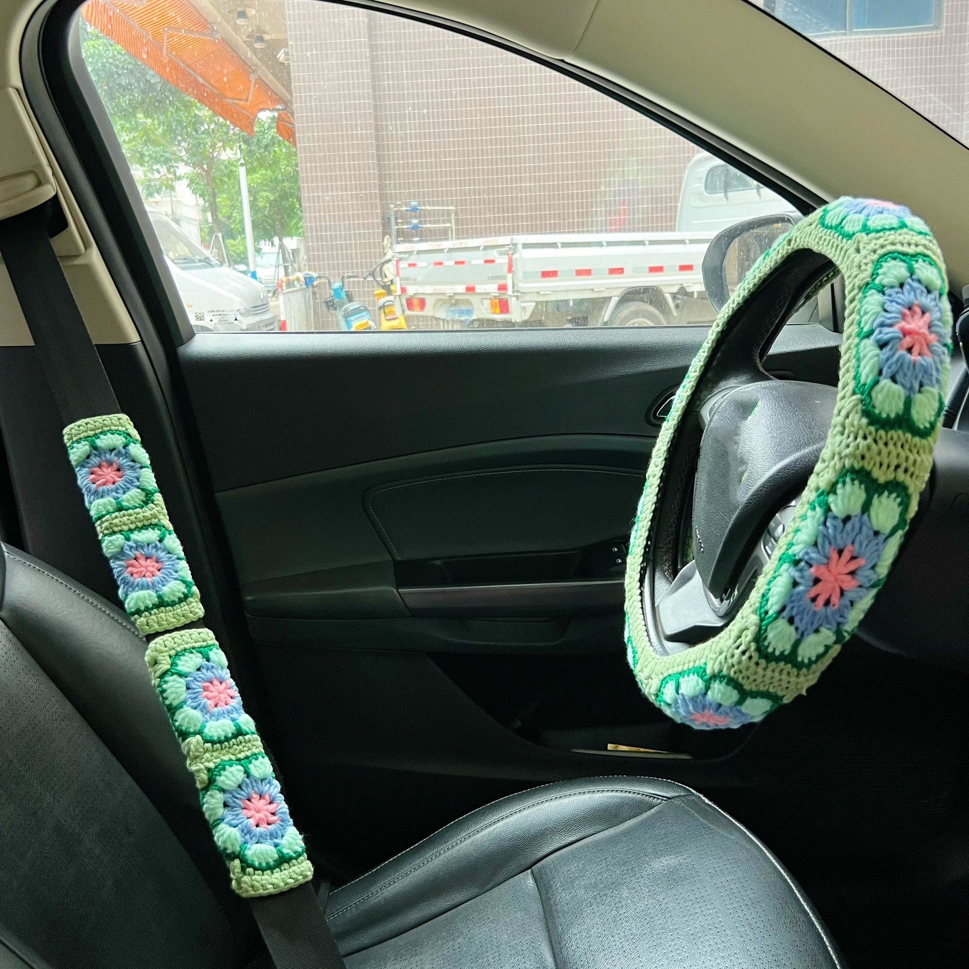 Handmade Crochet Car Steering Wheel and Seat Belt Cover Set