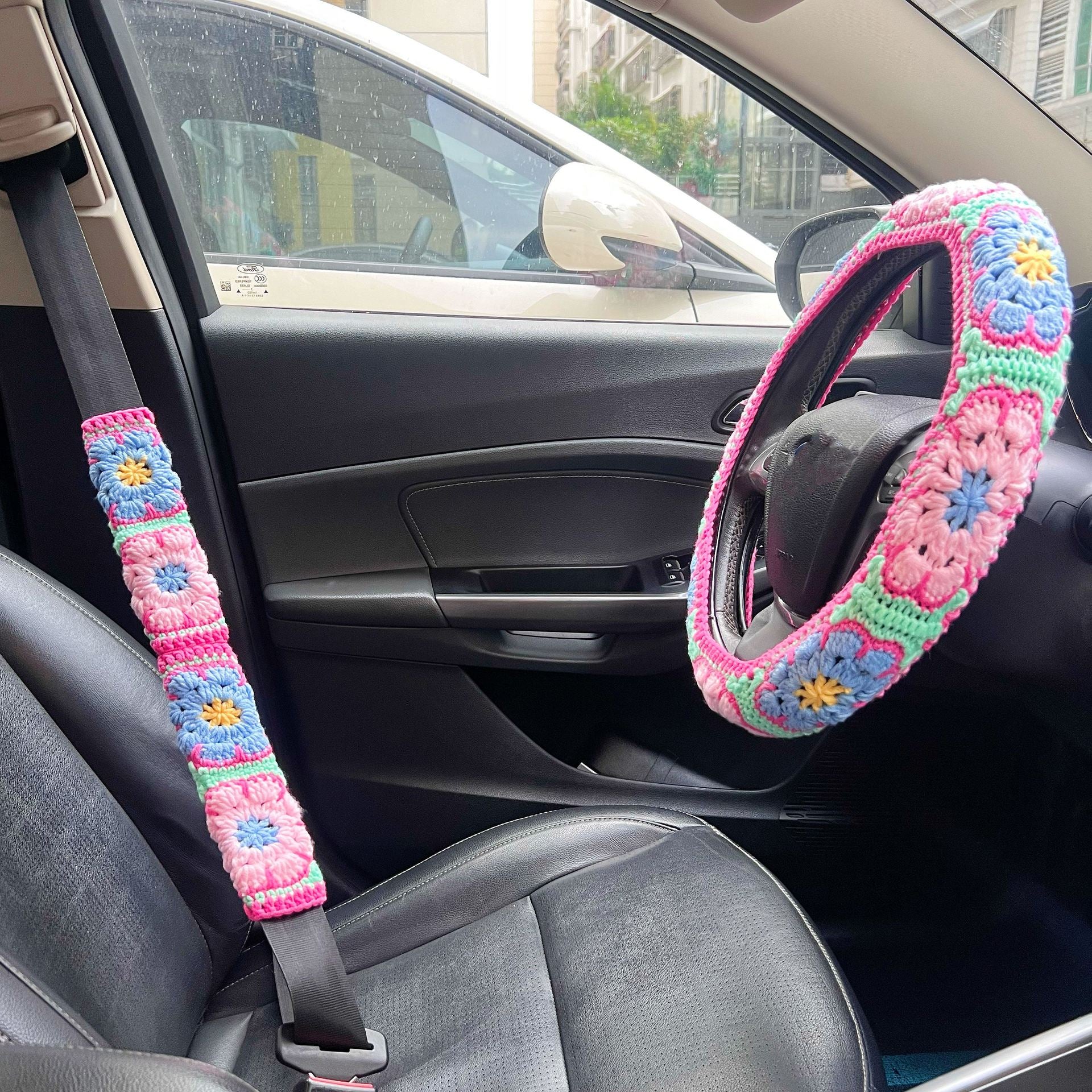 Handmade Crochet Car Steering Wheel and Seat Belt Cover Set