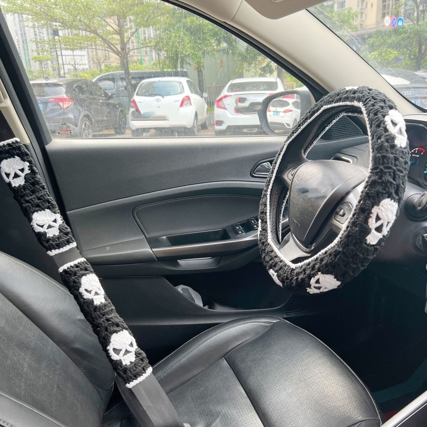 Handmade Crochet Car Steering Wheel and Seat Belt Cover Set