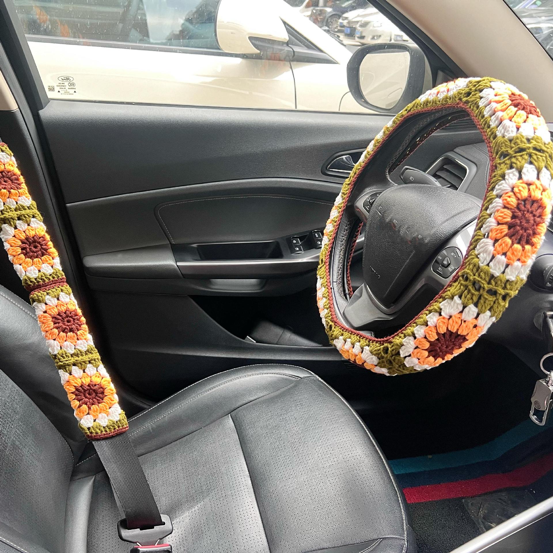 Handmade Crochet Car Steering Wheel and Seat Belt Cover Set