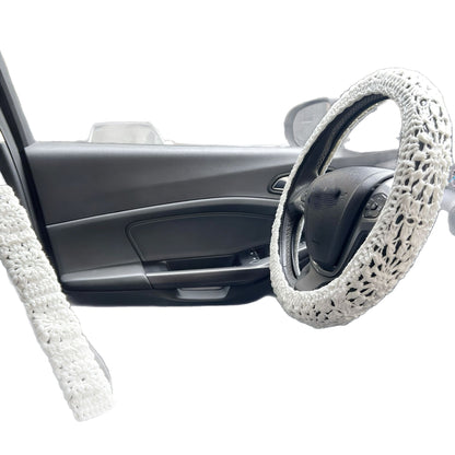Handmade Crochet Car Steering Wheel and Seat Belt Cover Set