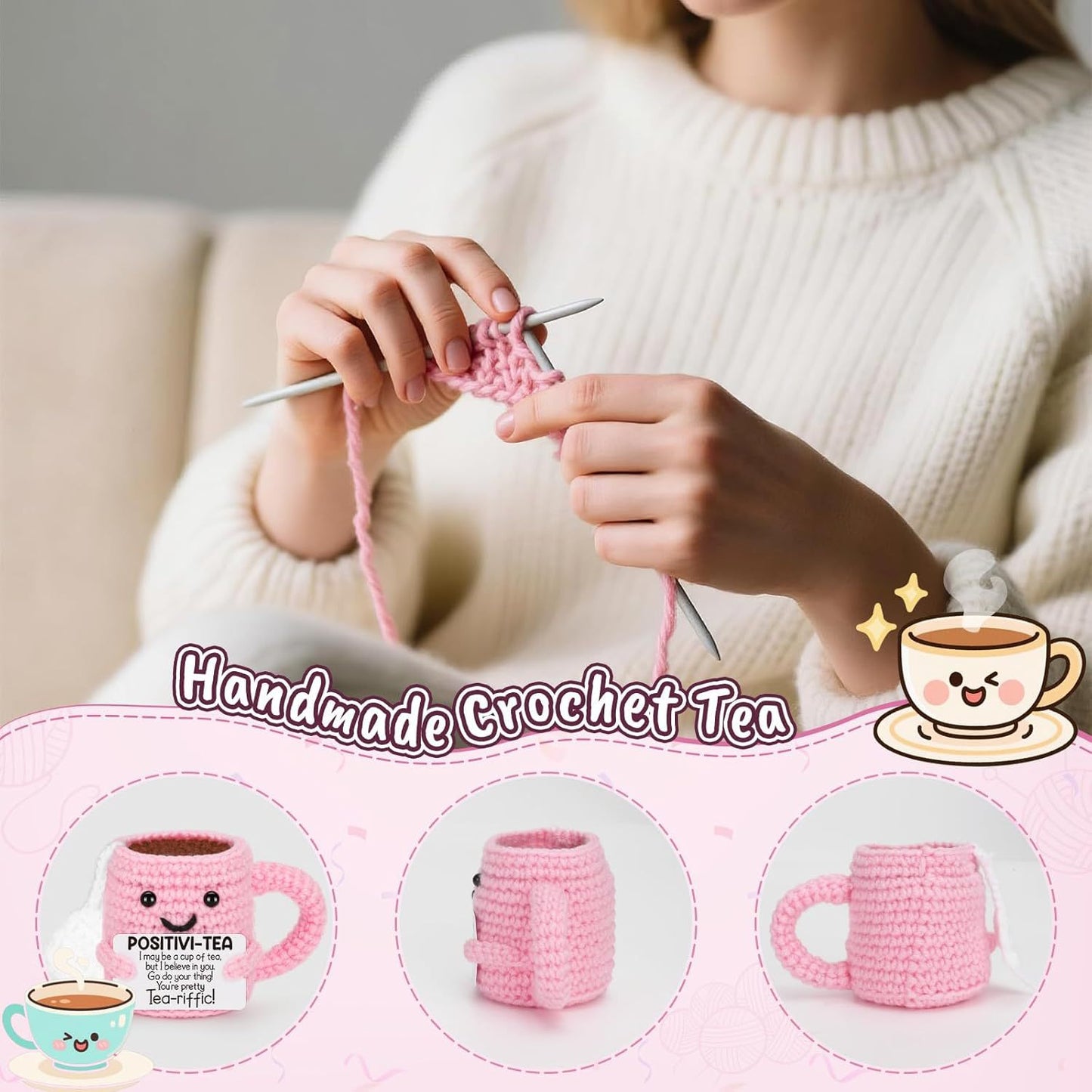 Handmade Crochet Positive Tea Cup Doll Ornament