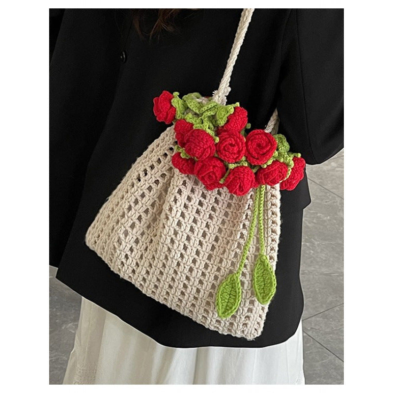 Handmade Crochet Wool Bucket Bag with Rose Design
