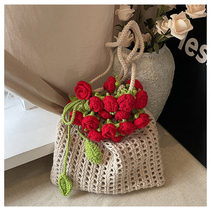 Handmade Crochet Wool Bucket Bag with Rose Design